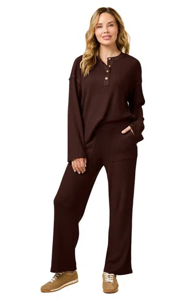 Softies Airthermal Knit Henley Button Top With Pant In Espresso