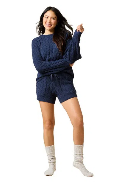 Softies Cable Knit Marshmallow Crew Neck With Shorty Set In Midnight