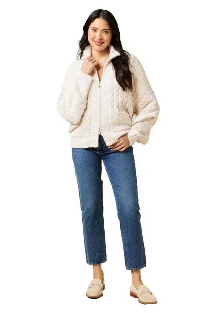 Softies Cable Knit Marshmallow Funnel Neck Double Zip Jacket In Almond