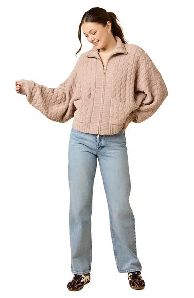 Softies Cable Knit Marshmallow Funnel Neck Double Zip Jacket In Coco