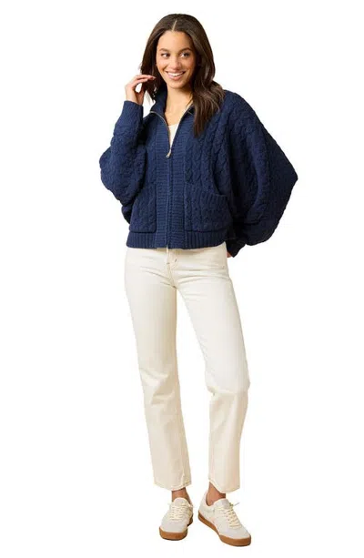 Softies Cable Knit Marshmallow Funnel Neck Double Zip Jacket In Midnight