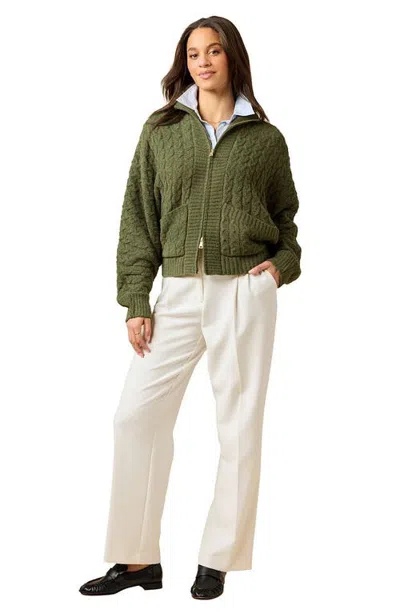 Softies Cable Knit Marshmallow Funnel Neck Double Zip Jacket In Olive