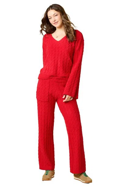 Softies Cable Knit Marshmallow V-neck With Flared Sleeve And Pant In Red