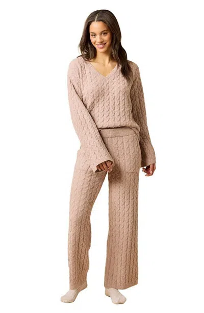 Softies Cable Knit Marshmallow V-neck With Flared Sleeve And Pant In Coco