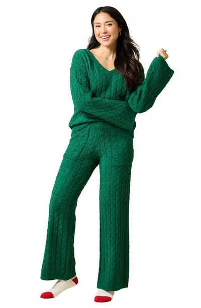 Softies Cable Knit Marshmallow V-neck With Flared Sleeve And Pant In Green