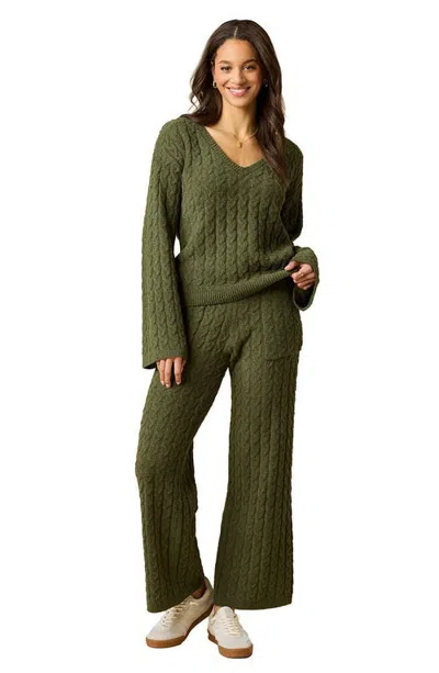 Softies Cable Knit Marshmallow V-neck With Flared Sleeve And Pant In Olive