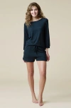 Softies Dream 3/4 Sleeve Boatneck Top With Shorts Set In Black
