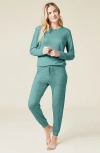 Softies Dream Jersey Long Sleeve Crew Neck Lounge Set With Jogger Pant In Dusty Green