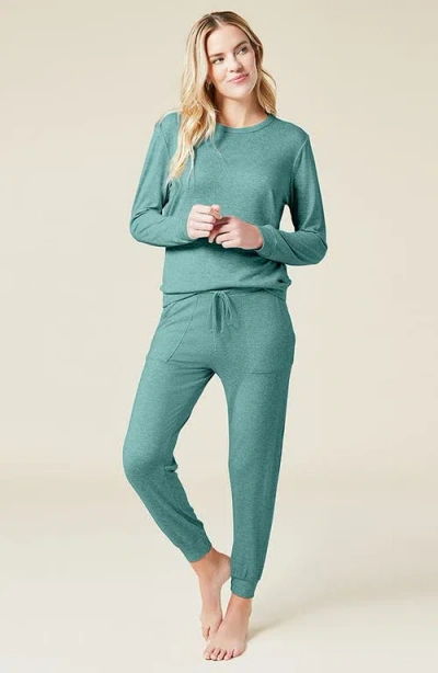 Softies Dream Jersey Long Sleeve Crew Neck Lounge Set With Jogger Pant In Dusty Green