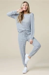 Softies Dream Jersey Long Sleeve Crew Neck Lounge Set With Jogger Pant In Indigo-white Stripe