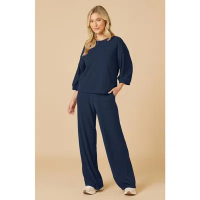 Softies Terry Cropped Sleeve Crew Neck With Wide Leg Pant In Blue