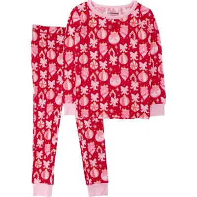Softsnooze Kids'  Ruffle Long Sleeve Pajama Set In Red Holly Ornament Bows