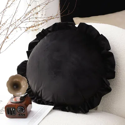 Soga 45cm Butterfly Black Vintage Round Throw Pillow - Lotus Leaf Edge Decorative Cushion For Sofa, Bed, 