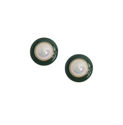 Sohi Enamel Pearl Stud Earrings In Green