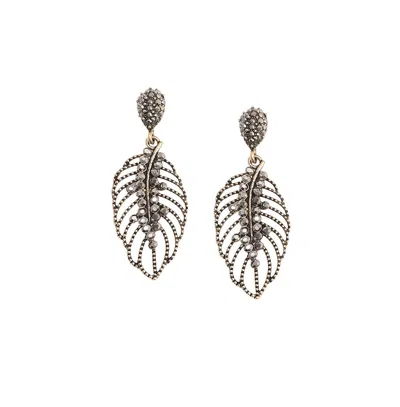 Sohi Intricate Crystal Leaf Drop Earrings In Silver