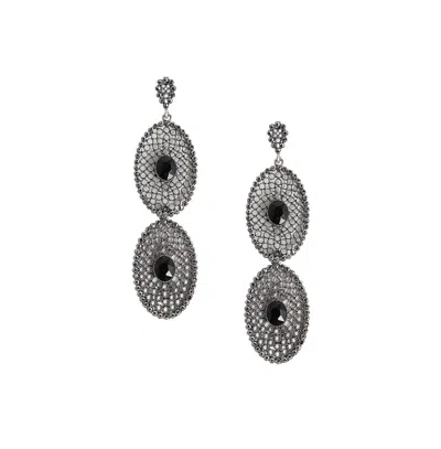 Sohi Intricate Stone Oval Long Drop Earrings In Black