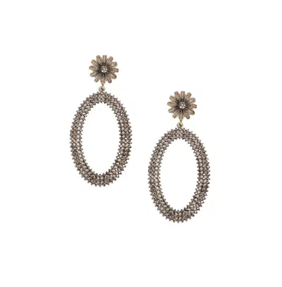 Sohi Maxi Daisy Intricate Oval Drop Earrings In Silver