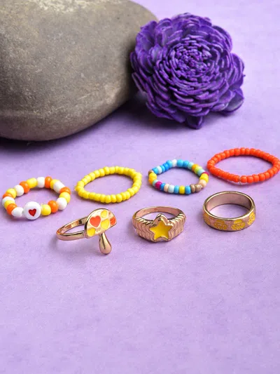 Sohi Pack Of 7 Gold Plated Beaded Designer Ring In Purple