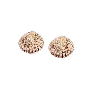 Sohi Pearl Seashell Stud Earrings In Gold