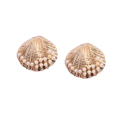 Sohi Pearl Seashell Stud Earrings In Brown