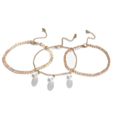 Sohi Set Of 3 Gold-plated White Pearl Studded Anklet In Multi