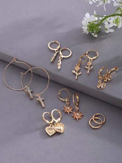Sohi Set Of 7 Gold-toned Contemporary Drop Earrings In Silver