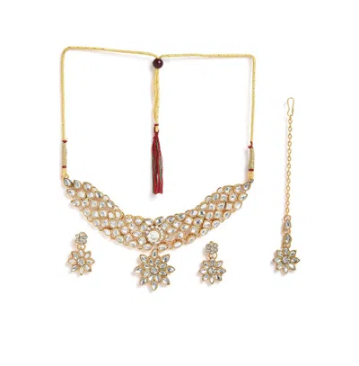 Sohi Women's Gold Cluster Stone Necklace, Earrings And Maangtika (set Of 3)