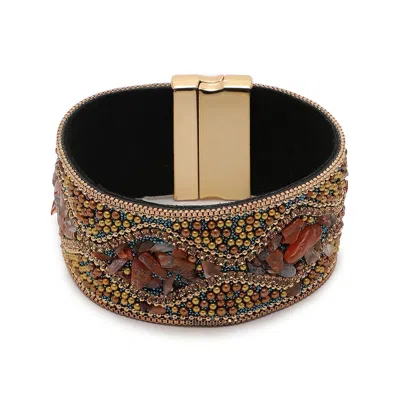 Sohi Women's Gold Embellished Leather Bracelet In Brown