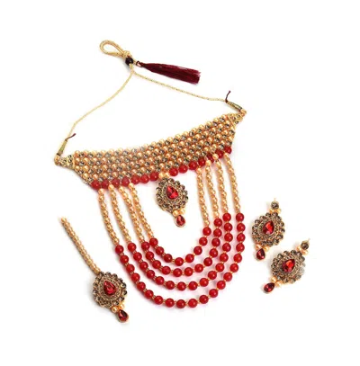Sohi Women's Gold Plated Designer Stone Jewellery Set In Red