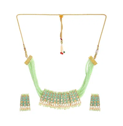 Sohi Women's Gold Plated Kundan Beaded Jewellery Set In Green