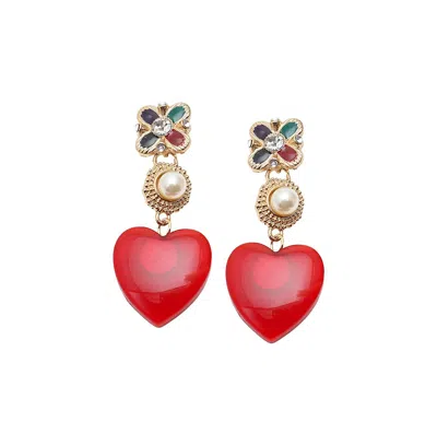 Sohi Women's Gold Royal Heart Drop Earrings In Red