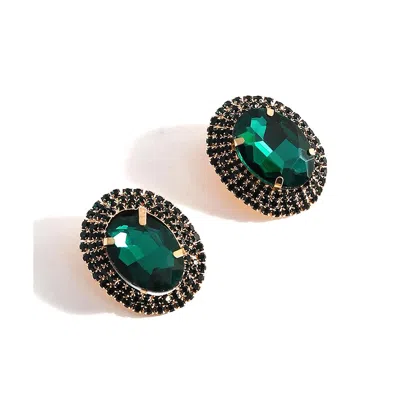 Sohi Women's Green Embellished Oval Stud Earrings In Gold