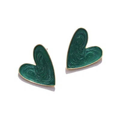 Sohi Women's Green Enamel Heart Stud Earrings