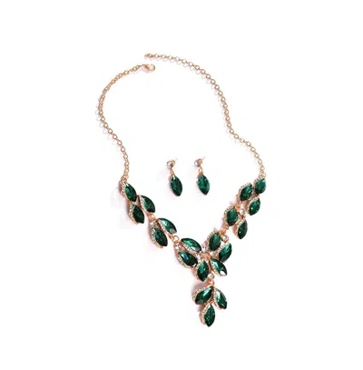 Sohi Women's Green Stone Leaf Necklace And Earrings (set Of 2)