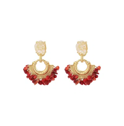 Sohi Women's Red Cluster Stone Drop Earrings In Gold