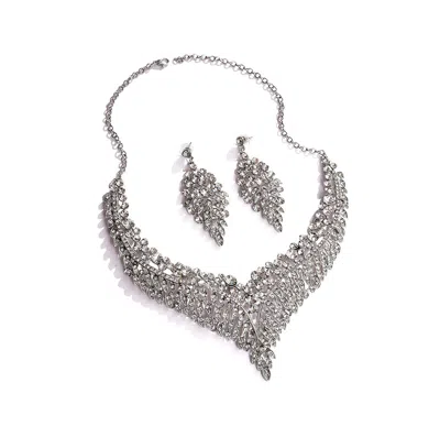 Sohi Women's Silver Leaf Bling Cluster Necklace And Earrings (set Of 2)