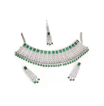 Sohi Women's Silver Plated Designer Jewellery Set In Green