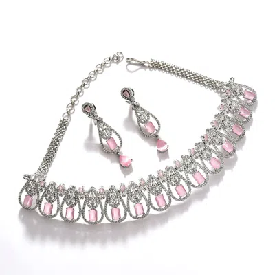 Sohi Women's Silver Plated Designer Jewellery Set In Pink