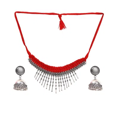 Sohi Women's Silver Plated Designer Jewellery Set In Red