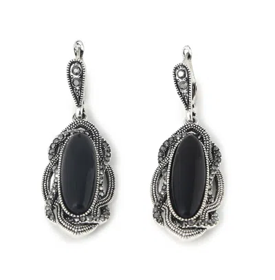 Sohi Women's Silver Plated Designer Stone Drop Earrings In Black