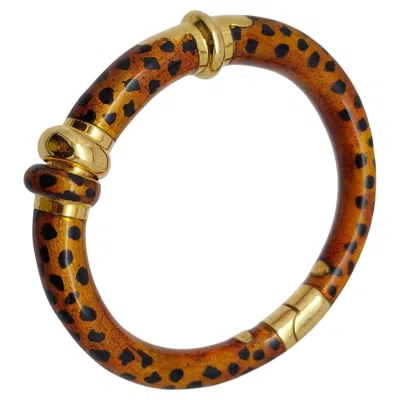 Pre-owned Soho 18k Yellow Gold Enamel Cheetah Print Hinged Cuff Bracelet, Italy