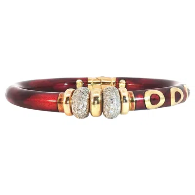 Pre-owned Soho Italian  Stamped Contemporary 18k Gold Red Lucite Diamond Bangle Bracelet