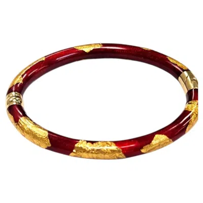 Pre-owned Soho Jewelry 18 Karat Gold And Red Enamel Hinged Bangle Bracelet, Made In Italy