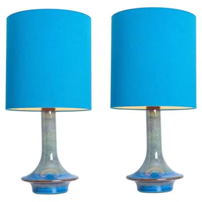 Pre-owned Soholm Pottery Pair Of Blue Green Ceramic Cone Table Lamps By Soholm, Denmark 1960