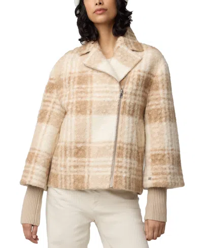 SOIA & KYO WOMEN'S ASYMMETRIC KNIT-SLEEVE PLAID COAT