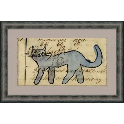 Soicher Marin 'blue Cat- Mennonite Ledger Drawing' - Picture Frame Drawing Print On Paper In Blue;black;beige
