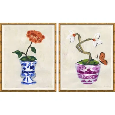 Soicher Marin Mum In Porcelain Vase & Lotus In Porcelain Bowl In Brown,green,purple,red