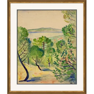Soicher Marin Primitive Landscape - Picture Frame Painting On Paper In Green;beige