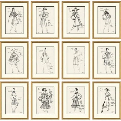 Soicher Marin Vintage Fashion Sketches - 12 Piece Closed Corner Frame Drawing Print Set In Black;beige