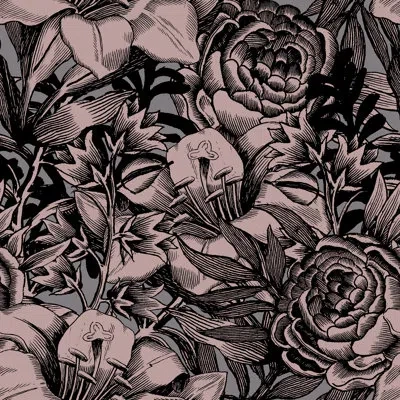 Soicher Marin Yuki Osada Woodcut Wallflowers 33' L X 20.5" W  Wallpaper Roll In Pink